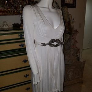 White Long Sleeve Midi Dress with Belt